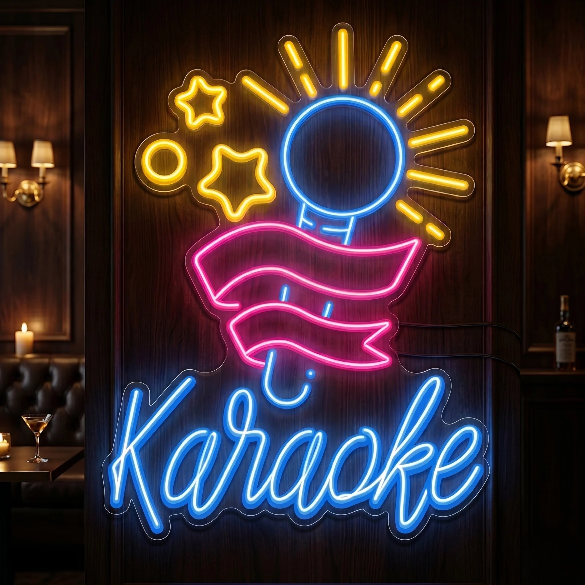 Photo of the 'Karaoke' neon sign glowing in multi-color against a styled interior wall.
