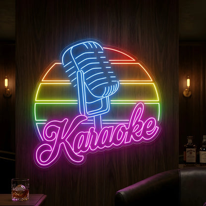 Photo of the 'Karaoke' neon sign glowing in multi-color against a styled interior wall.