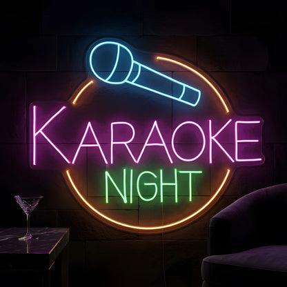 Photo of the 'Karaoke Night' neon sign glowing in multi-color against a styled interior wall.