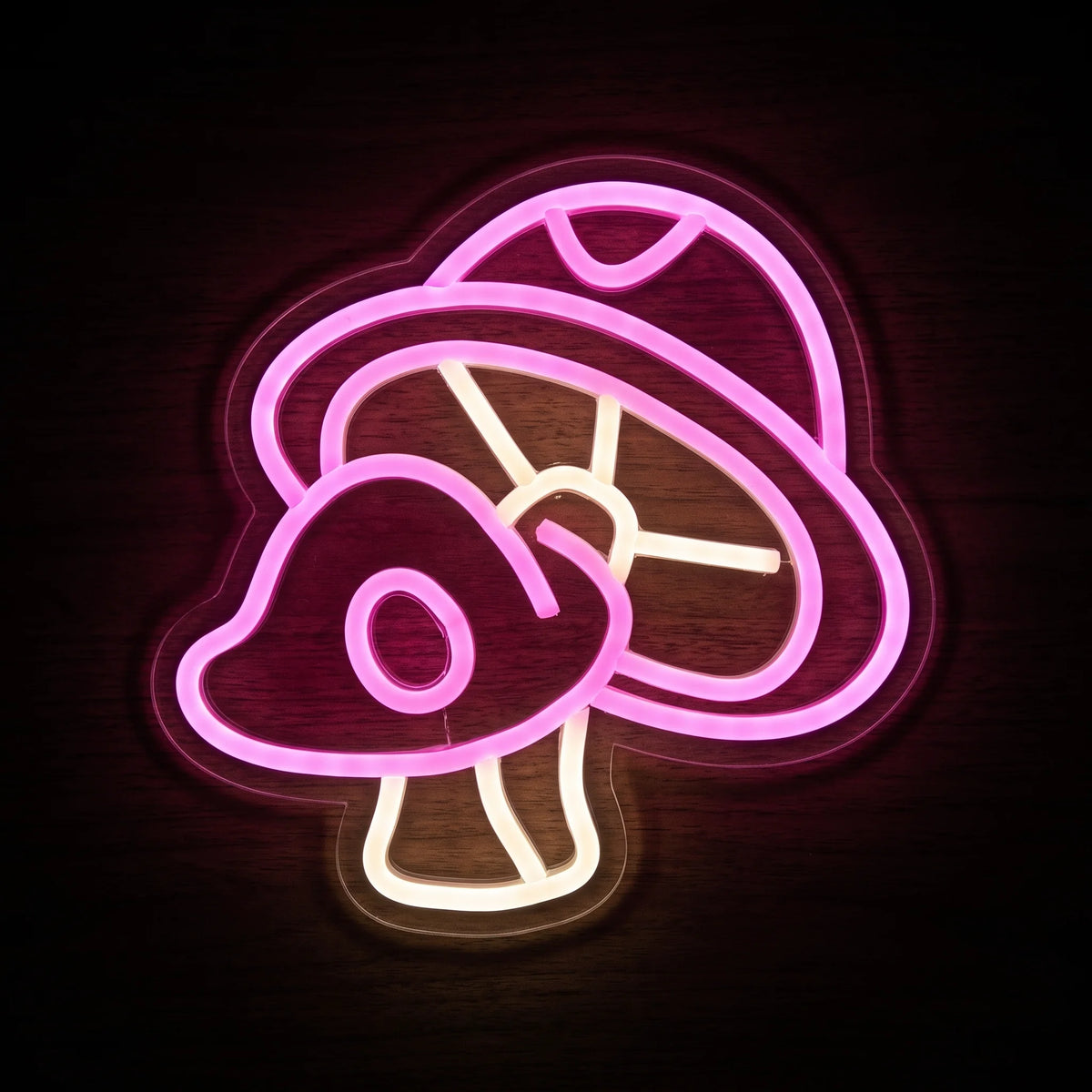 Kawaii mushroom LED neon sign with bright pink cap and warm white stem details on clear acrylic backing.