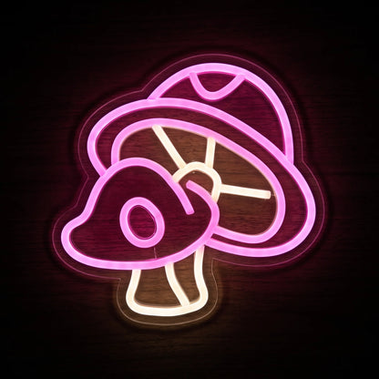 Kawaii mushroom LED neon sign with bright pink cap and warm white stem details on clear acrylic backing.