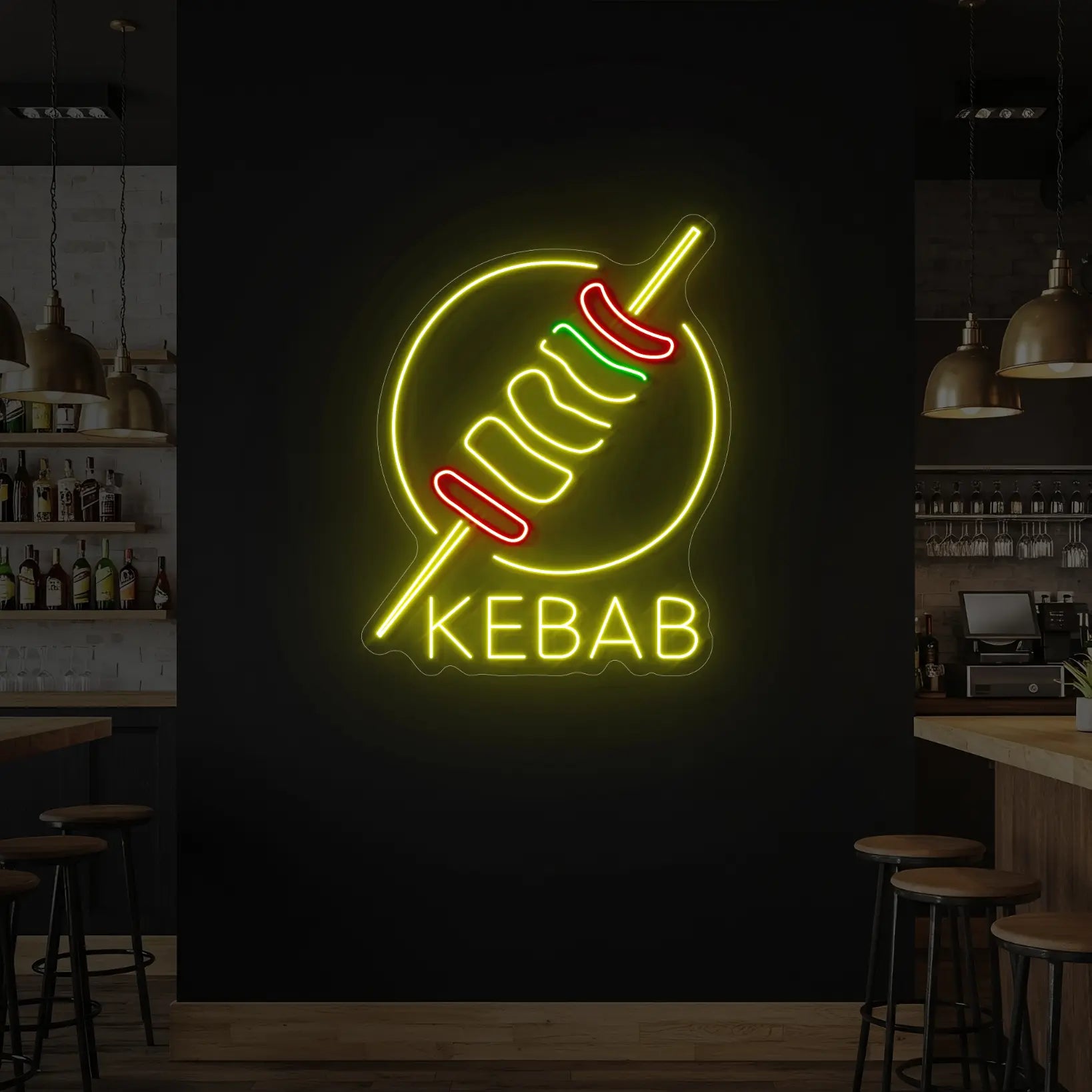 Photo of the 'Kebab' neon sign glowing in lemon yellow, red and green against a styled interior wall