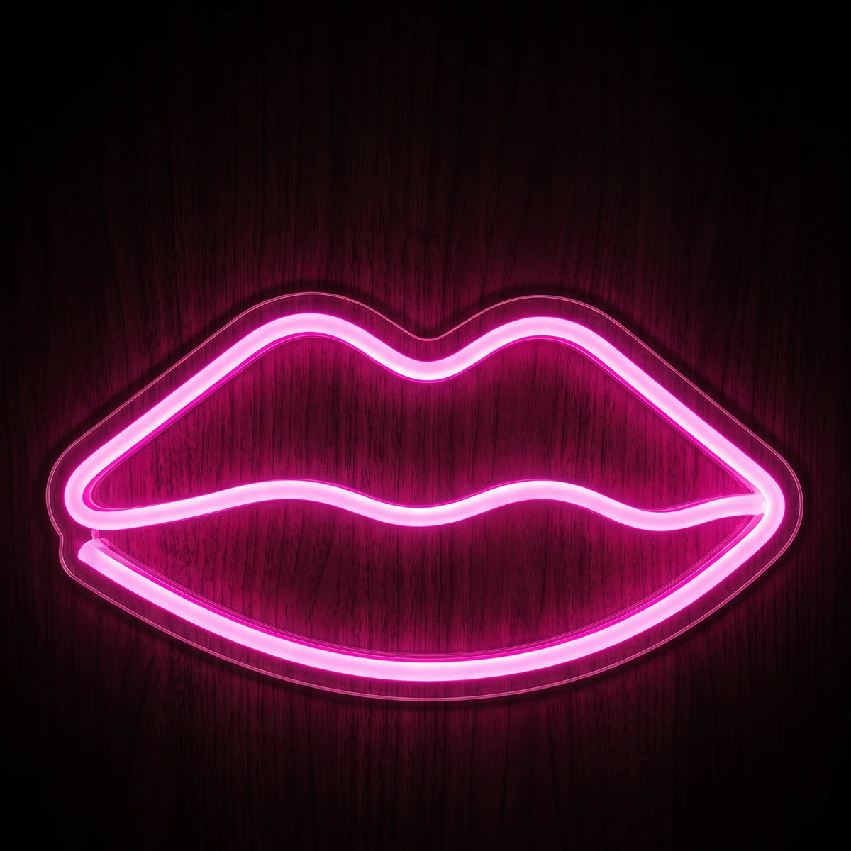 Kiss Lips Outline LED Neon Sign featuring a bright pink illuminated lips outline on clear acrylic backing.