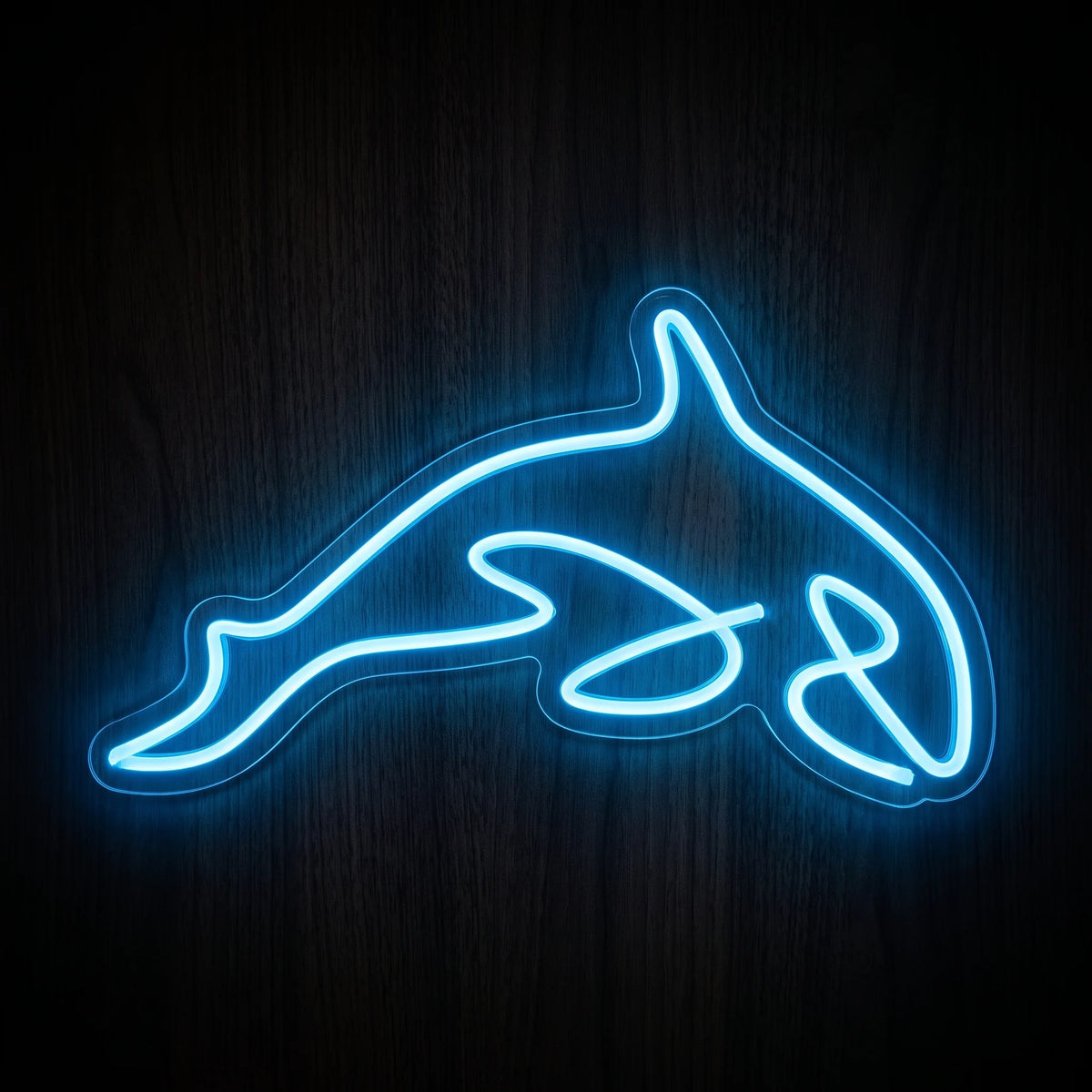 Leaping Dolphin LED Neon Sign featuring a bright blue dolphin outline on clear acrylic backing.