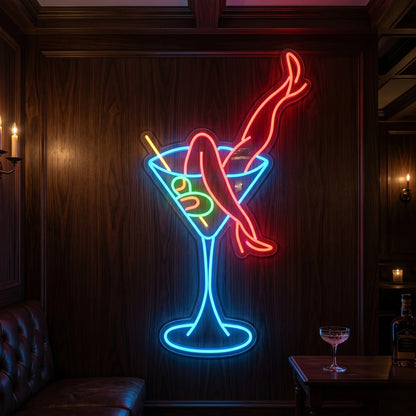 Photo of the martini legs neon sign glowing in multi-color against a styled interior wall.