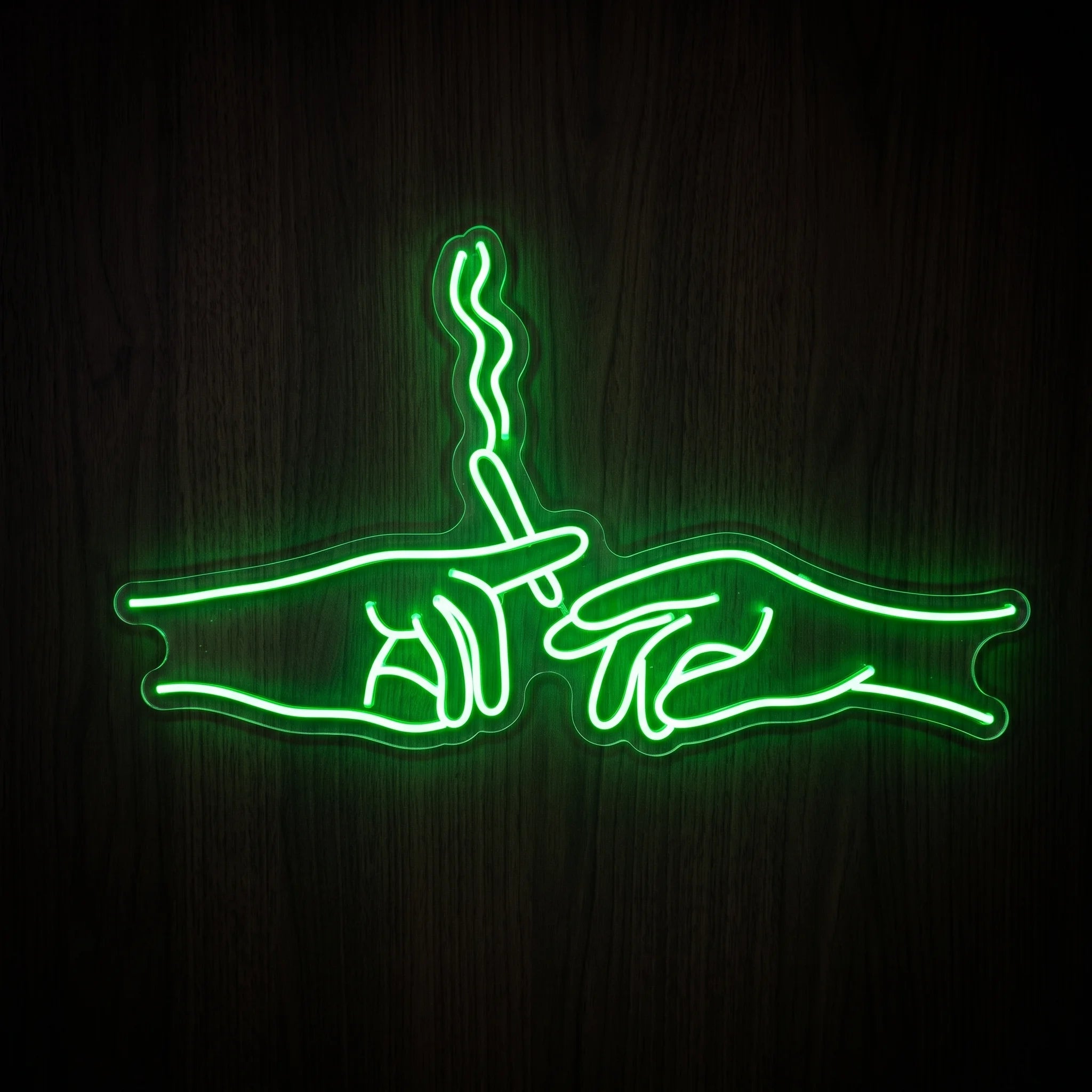 Lit Hand Gesture LED neon sign featuring two hands passing a glowing pre-roll in bright green on a clear acrylic backing.