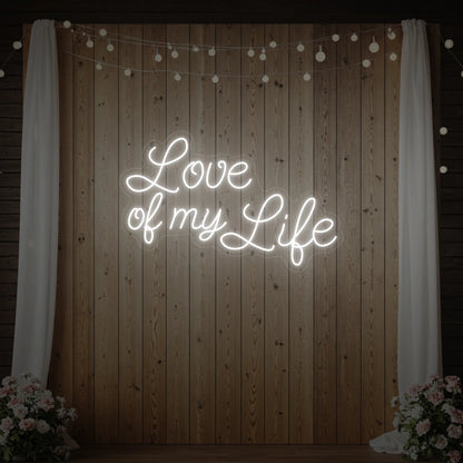 Photo of the 'Love of My Life' neon sign glowing in cool white against a styled interior wall.