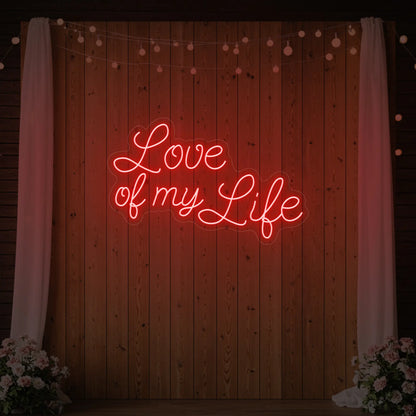 Photo of the 'Love of My Life' neon sign glowing in red against a styled interior wall.