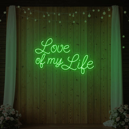 Photo of the 'Love of My Life' neon sign glowing in green against a styled interior wall.