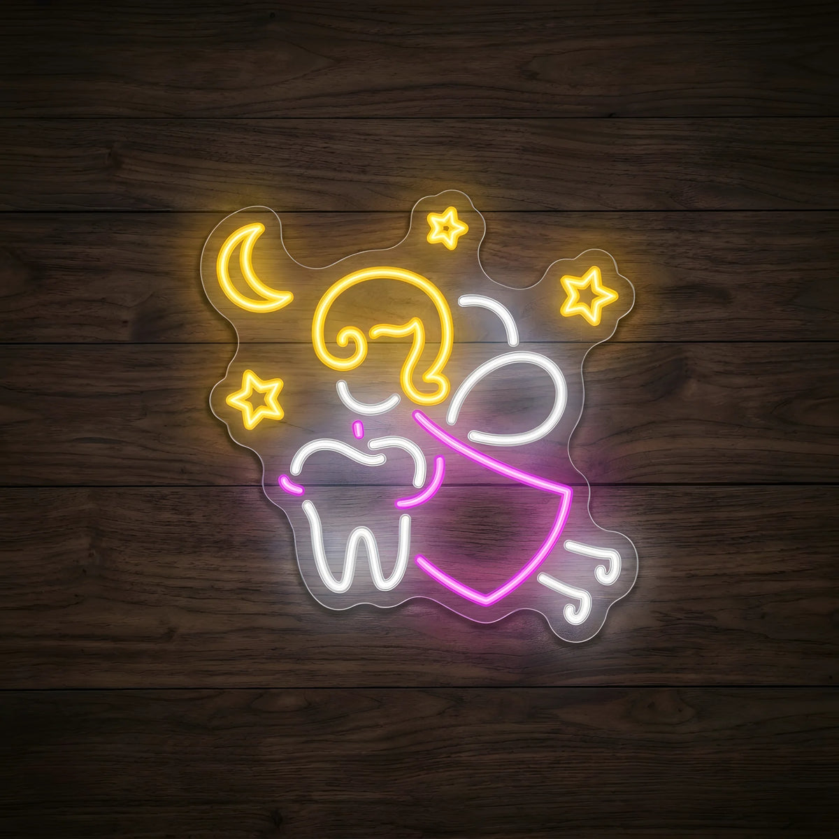 Magical Tooth Fairy LED neon sign featuring a sleeping tooth fairy character in white, pink wings, golden-yellow hair, crescent moon, and stars on clear acrylic backing for pediatric dental clinic decor.