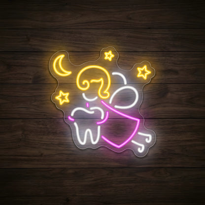 Magical Tooth Fairy LED neon sign featuring a sleeping tooth fairy character in white, pink wings, golden-yellow hair, crescent moon, and stars on clear acrylic backing for pediatric dental clinic decor.
