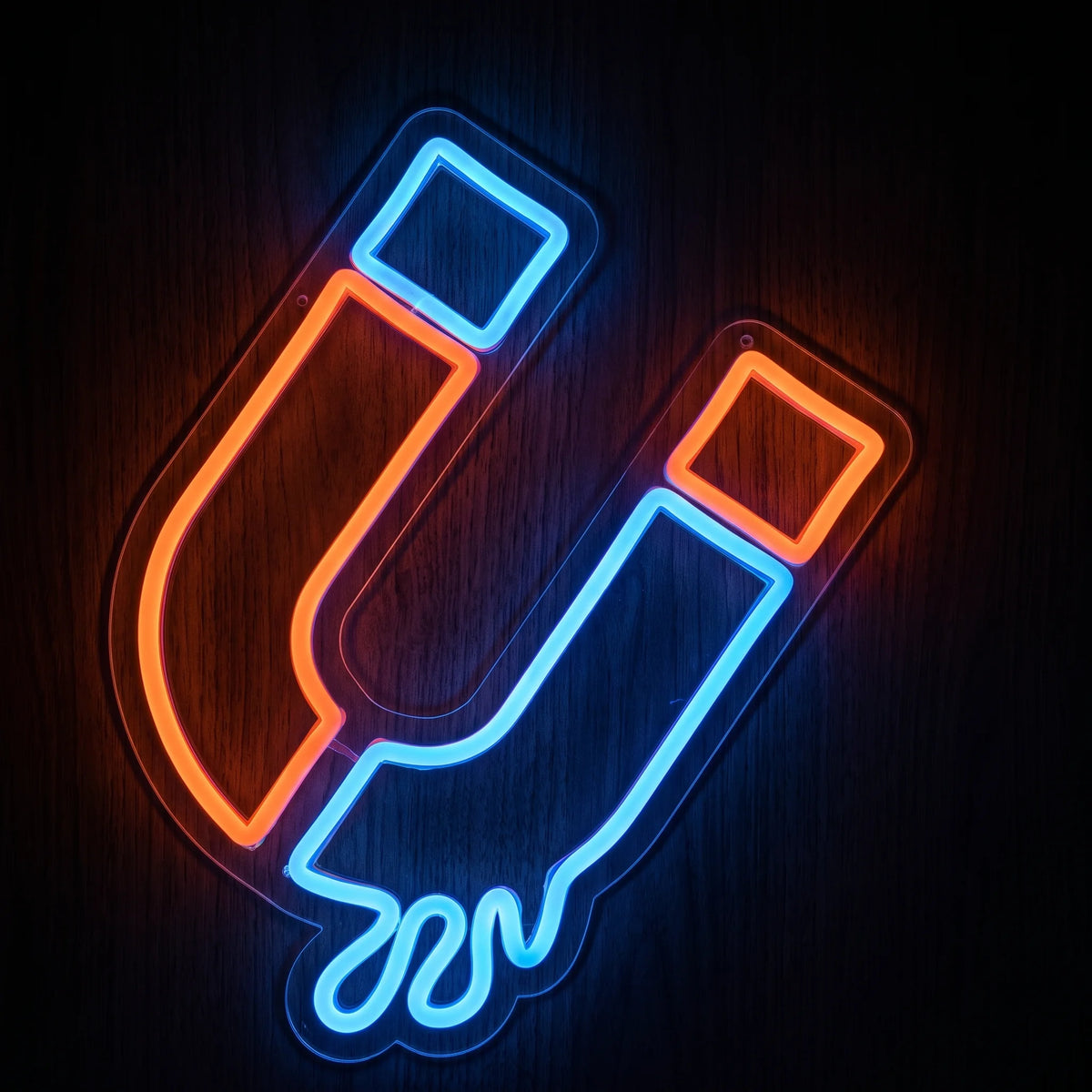 Magnet LED Neon Sign featuring a horseshoe magnet outline in vibrant orange and blue LED neon on clear acrylic backing.