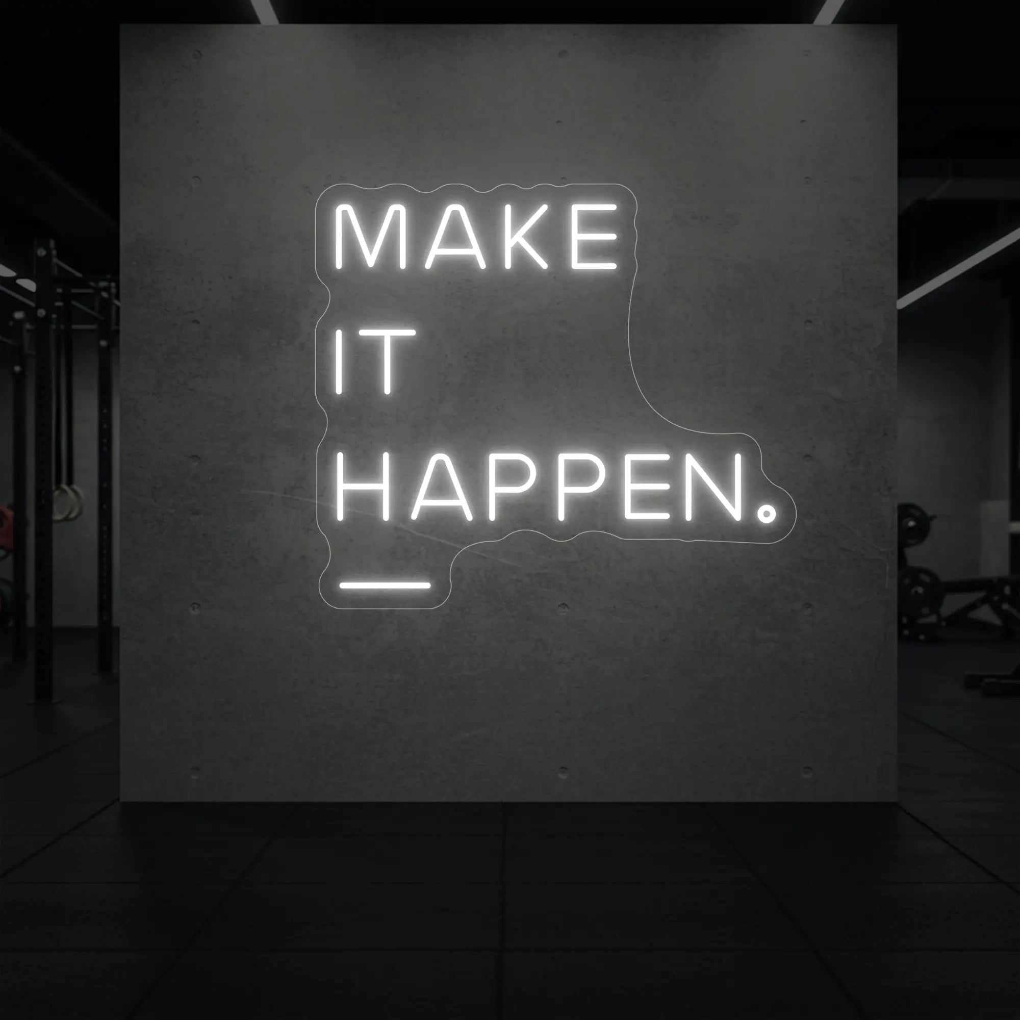 'MAKE IT HAPPEN' neon sign glowing in cool white against a styled interior wall.