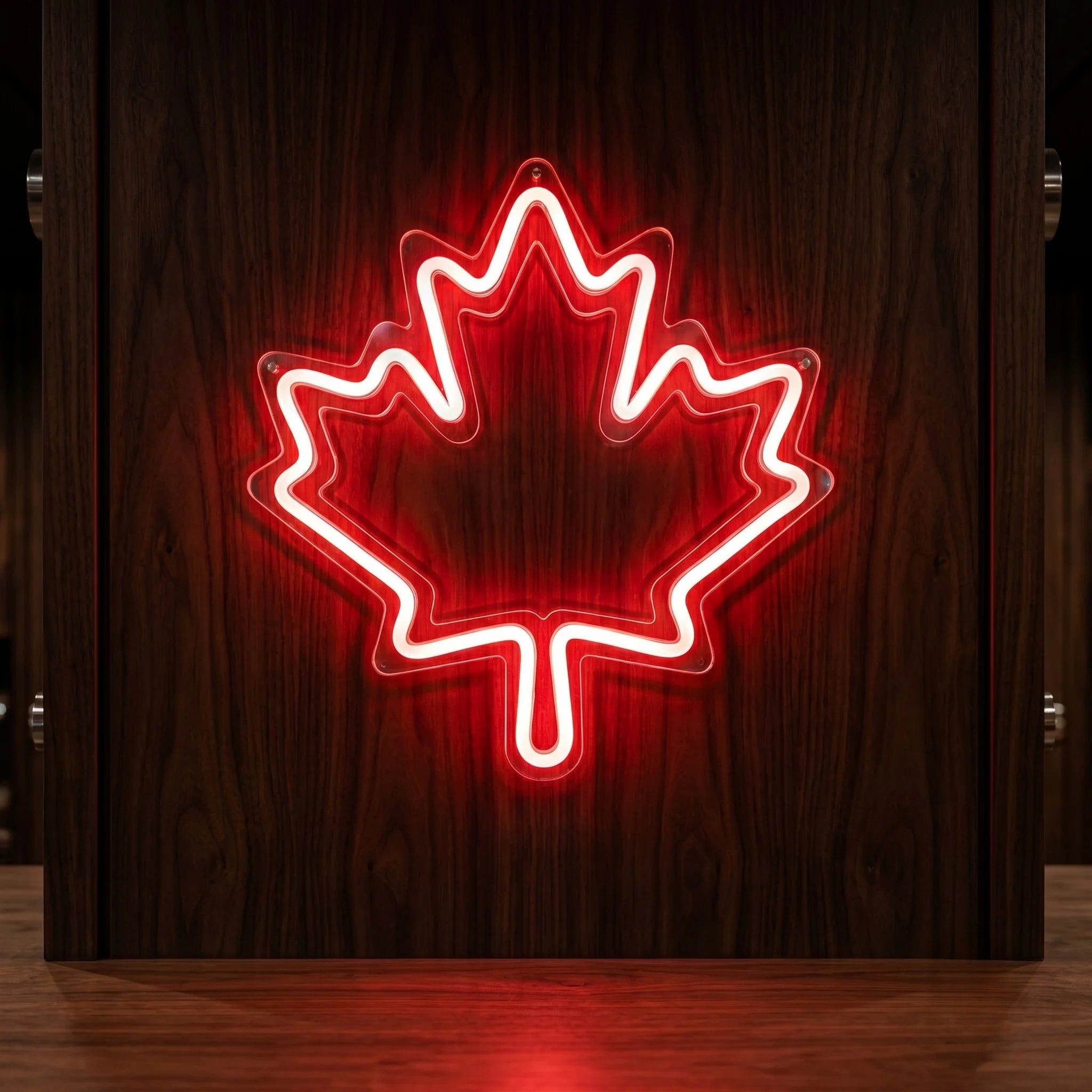  Canada football neon sign glowing on dark wood wall in premium sports room setting