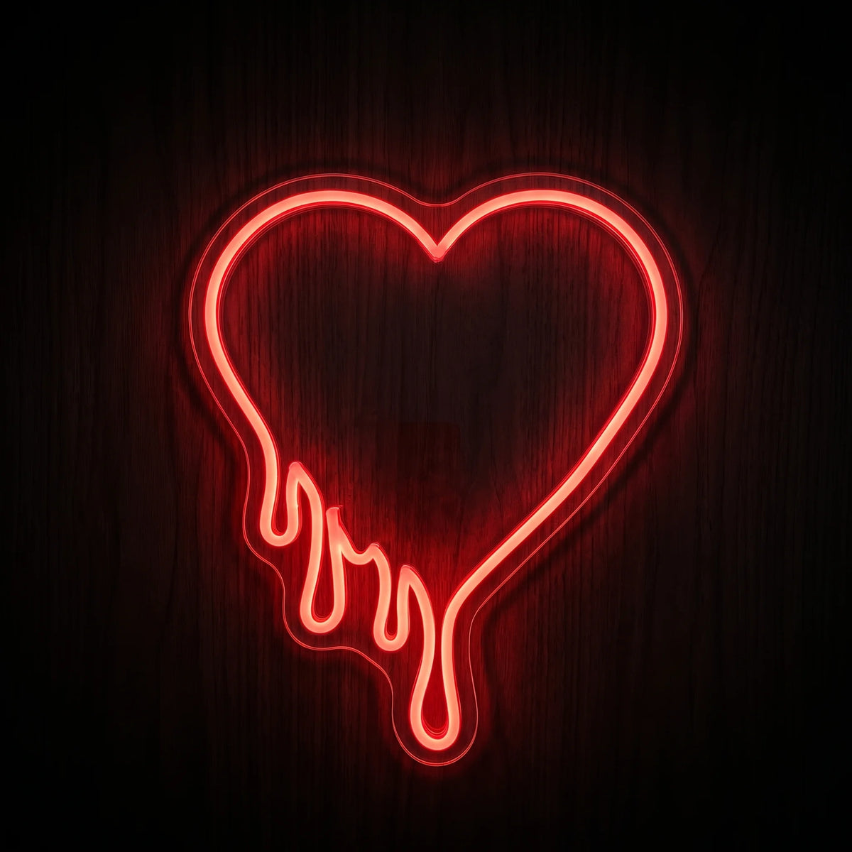Melting Love Heart LED Neon Sign featuring a glowing red heart outline with dripping details on clear acrylic backing.