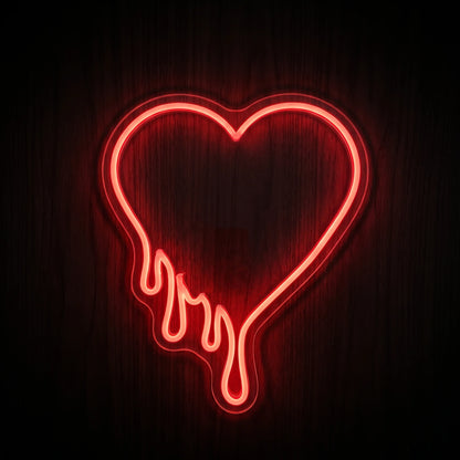 Melting Love Heart LED Neon Sign featuring a glowing red heart outline with dripping details on clear acrylic backing.
