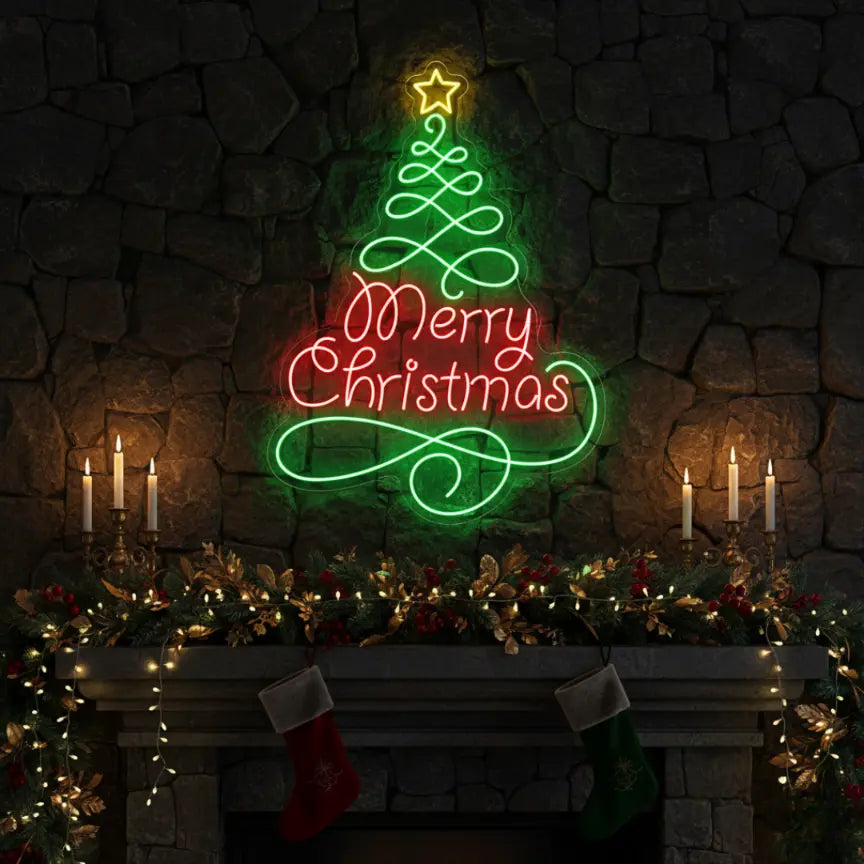 Photo of the 'Merry Christmas in Pine Tree' neon sign glowing in multicolor against a styled interior wall.