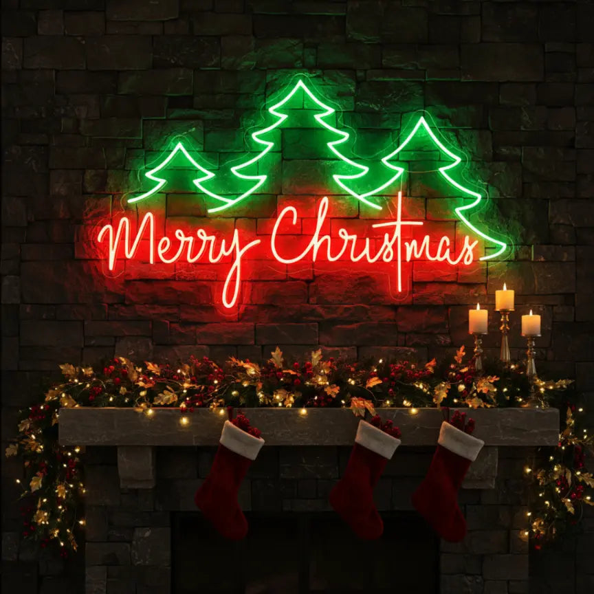 Photo of the 'Merry Christmas Pine Trees' neon sign glowing against a styled interior wall.