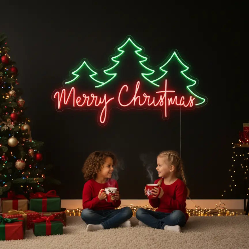 Photo of the 'Merry Christmas Pine Trees' neon sign glowing against a styled interior wall.