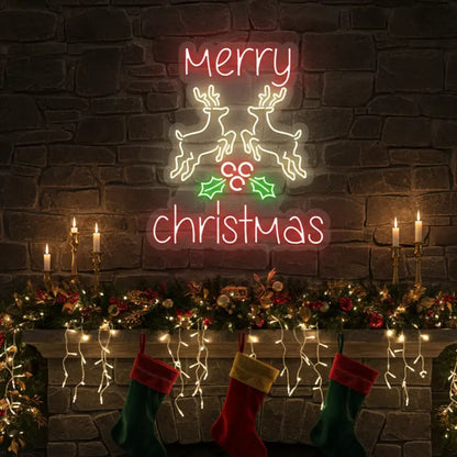 Photo of the 'Merry Christmas Reindeer' neon sign glowing against a styled interior wall.