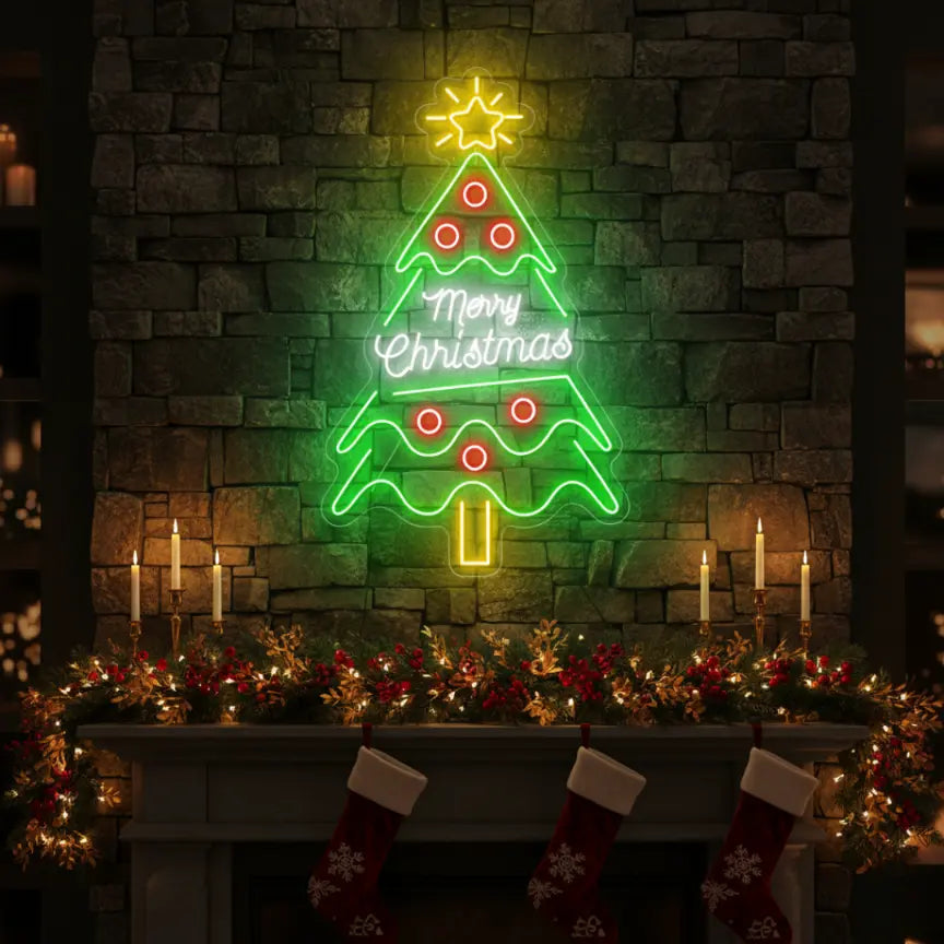 Photo of the 'Merry Christmas Tree' neon sign glowing in Multicolor against a styled interior wall.
