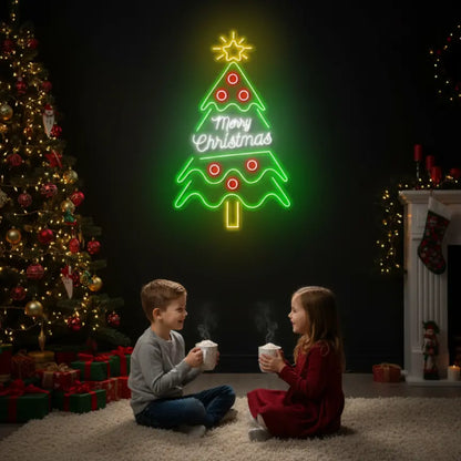 Photo of the 'Merry Christmas Tree' neon sign glowing in Multicolor against a styled interior wall.