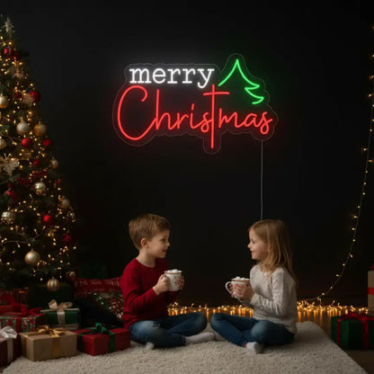 Photo of the 'Merry Christmas V10' neon sign glowing in multicolor against a styled interior wall.