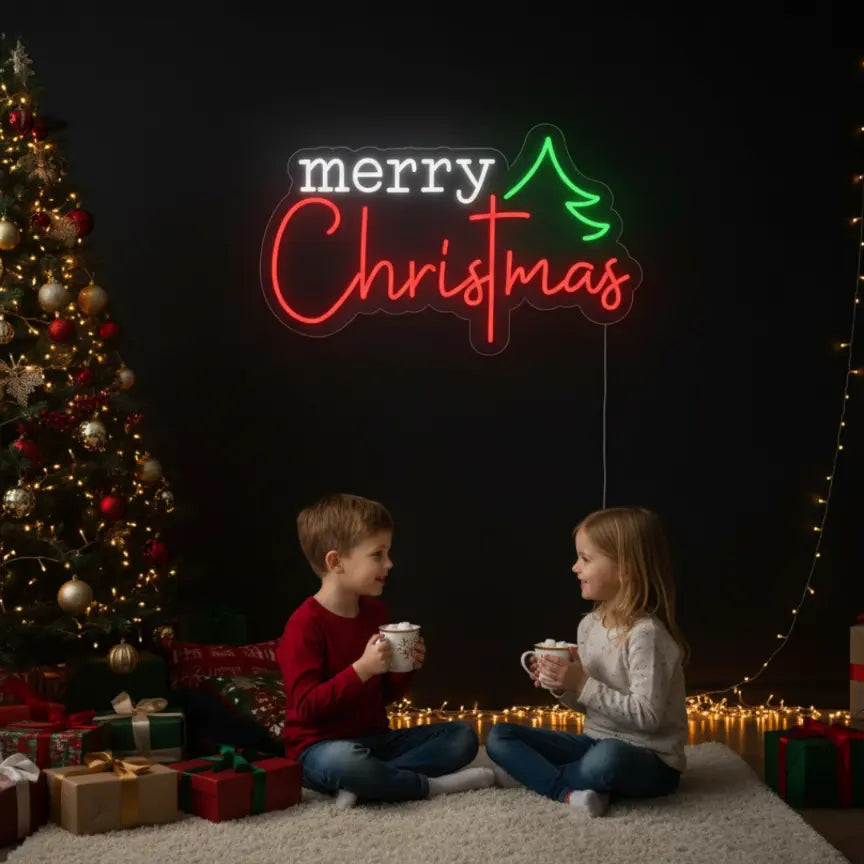 Photo of the 'Merry Christmas V10' neon sign glowing in multicolor against a styled interior wall.