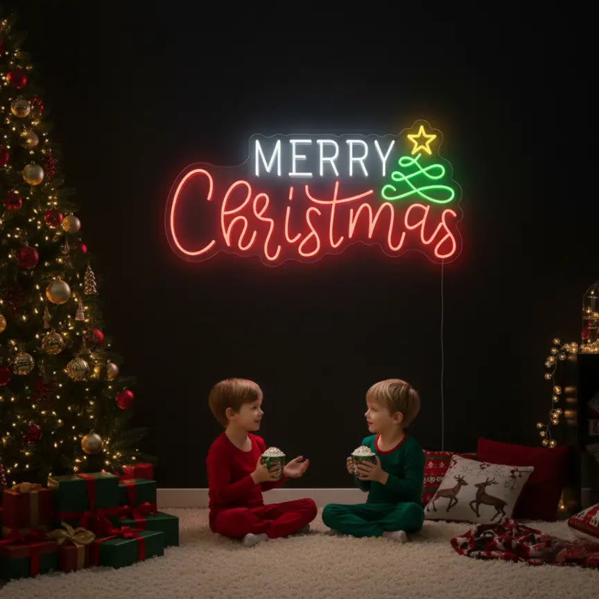 Photo of the 'Merry Christmas V3' neon sign glowing in multicolor against a styled interior wall.