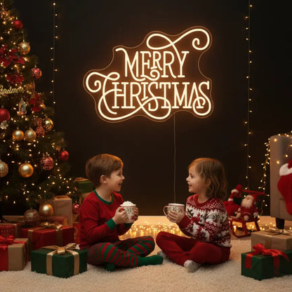 Photo of the 'Merry Christmas V5' neon sign glowing in warm white against a styled interior wall.