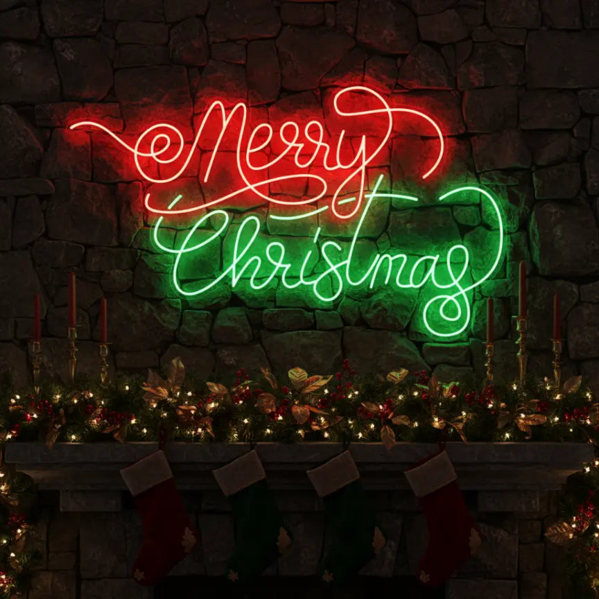 Photo of the 'Merry Christmas V6' neon sign glowing in multicolor against a styled interior wall.
