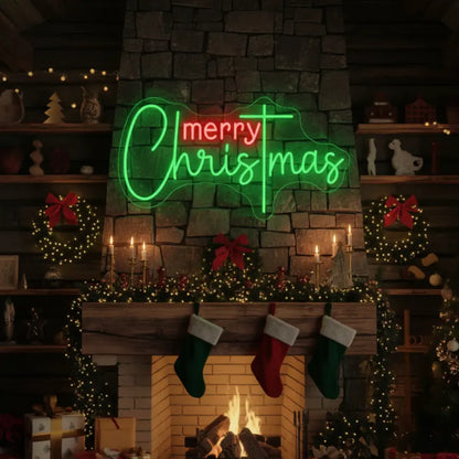 Photo of the 'Merry Christmas V8' neon sign glowing in multicolor against a styled interior wall.