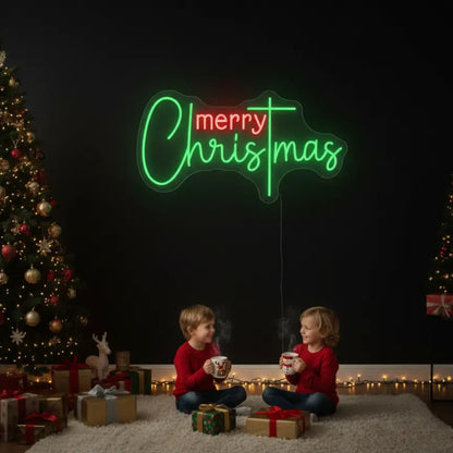 Photo of the 'Merry Christmas V8' neon sign glowing in multicolor against a styled interior wall.