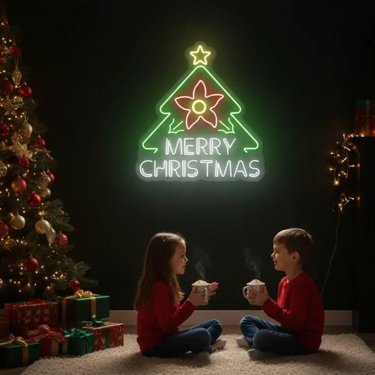 Photo of the 'Merry Christmas with Flower Tree' neon sign glowing against a styled interior wall.
