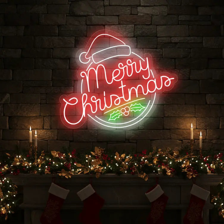 Photo of the 'Merry Christmas with Santa Hat' neon sign glowing against a styled interior wall.