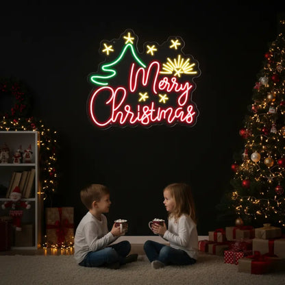 Merry Christmas with Tree and Stars Neon Sign