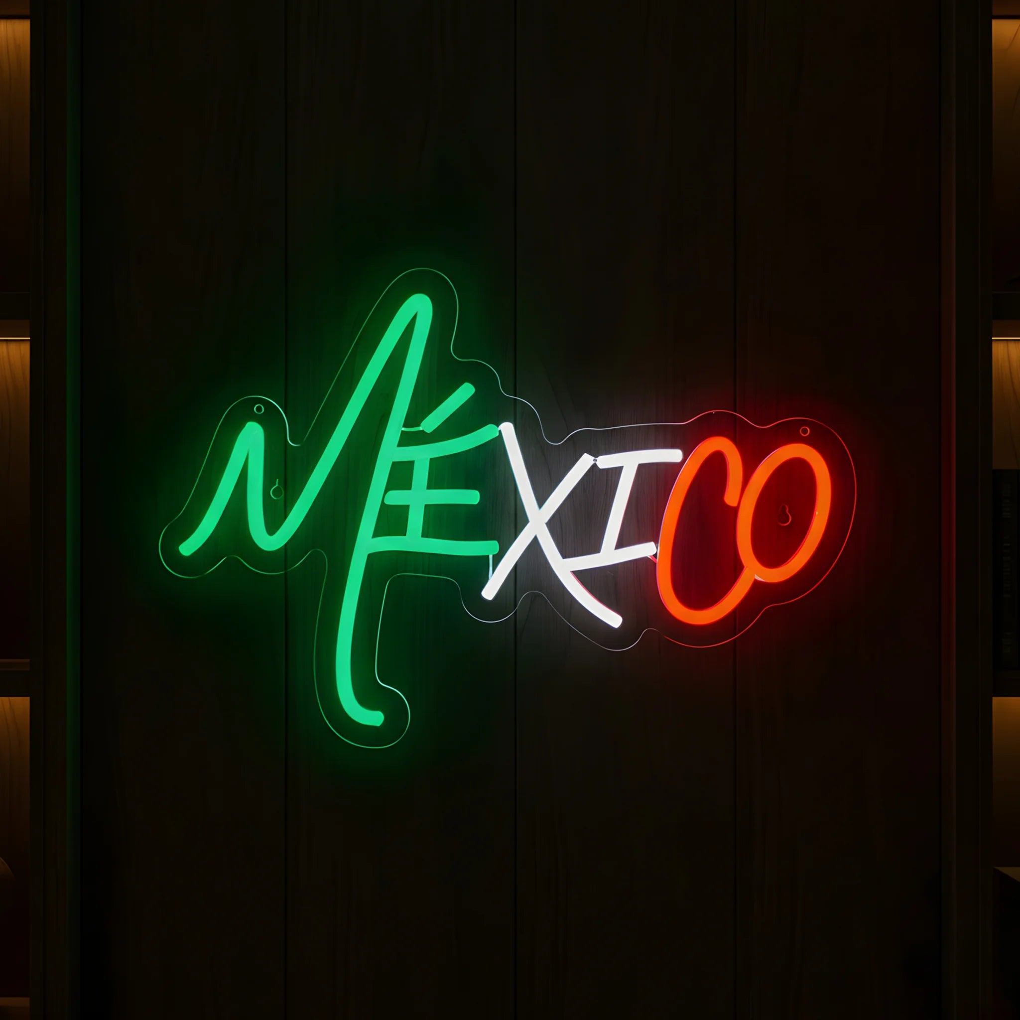 Mexico LED neon sign featuring green white and red illuminated script lettering.