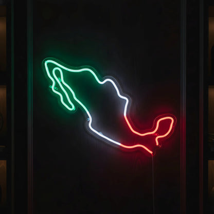 Mexico map LED neon sign featuring green white and red illuminated country outline