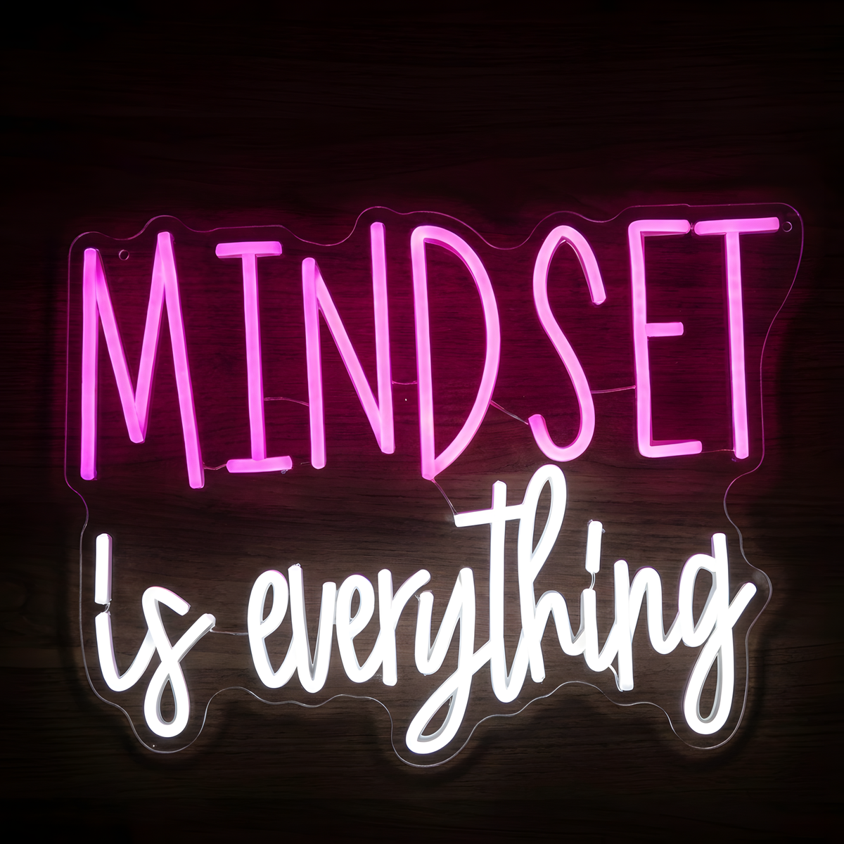 Mindset Is Everything LED Neon Sign with large pink uppercase “MINDSET” lettering and white script “is everything” on clear acrylic against a dark wood background, suited to home offices and motivational wall decor.