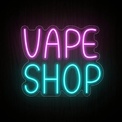 Minimalist Vape Shop LED neon sign featuring pink and cyan lettering on a clear acrylic backing.