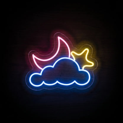 Moon Cloud LED neon sign with pink crescent moon, blue cloud and yellow star on clear acrylic backing.