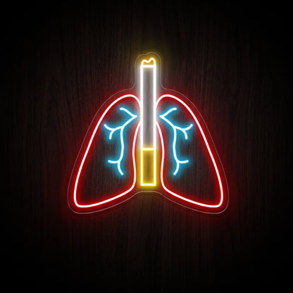 Neon Lungs & Joint LED neon sign featuring glowing red lungs with blue bronchial details and a lit joint in the center mounted on a clear acrylic backboard.