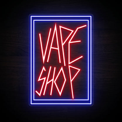 Modern Vape Shop LED neon storefront sign featuring bold geometric red lettering with a blue double-border frame on a clear acrylic backing.