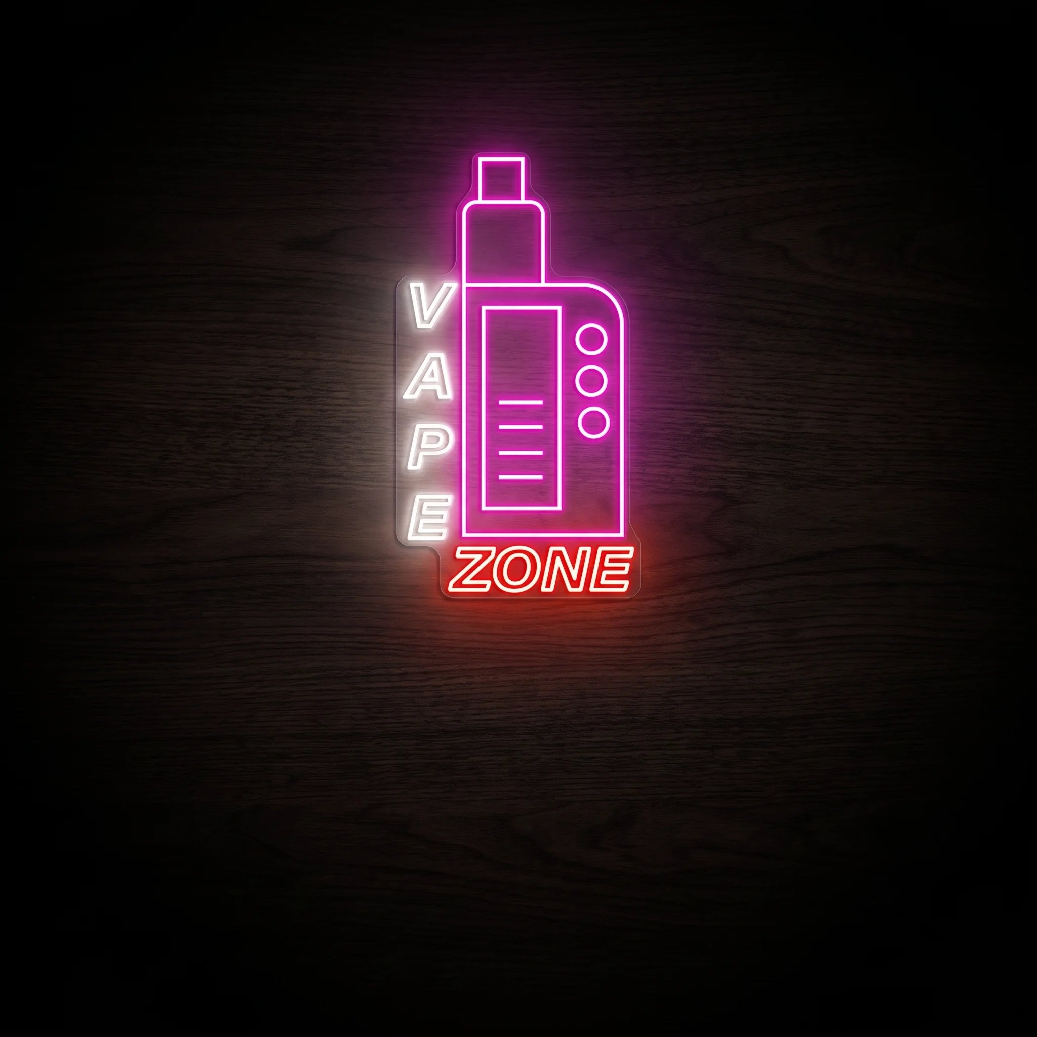 LED neon sign featuring a modern vape device with vertical VAPE lettering and bold ZONE text in magenta, white, and red mounted on a precision-cut clear acrylic backing.