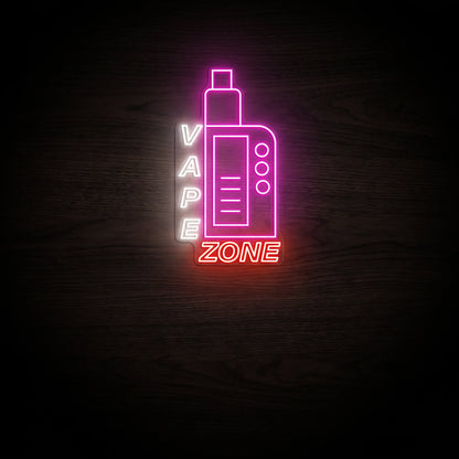 LED neon sign featuring a modern vape device with vertical VAPE lettering and bold ZONE text in magenta, white, and red mounted on a precision-cut clear acrylic backing.
