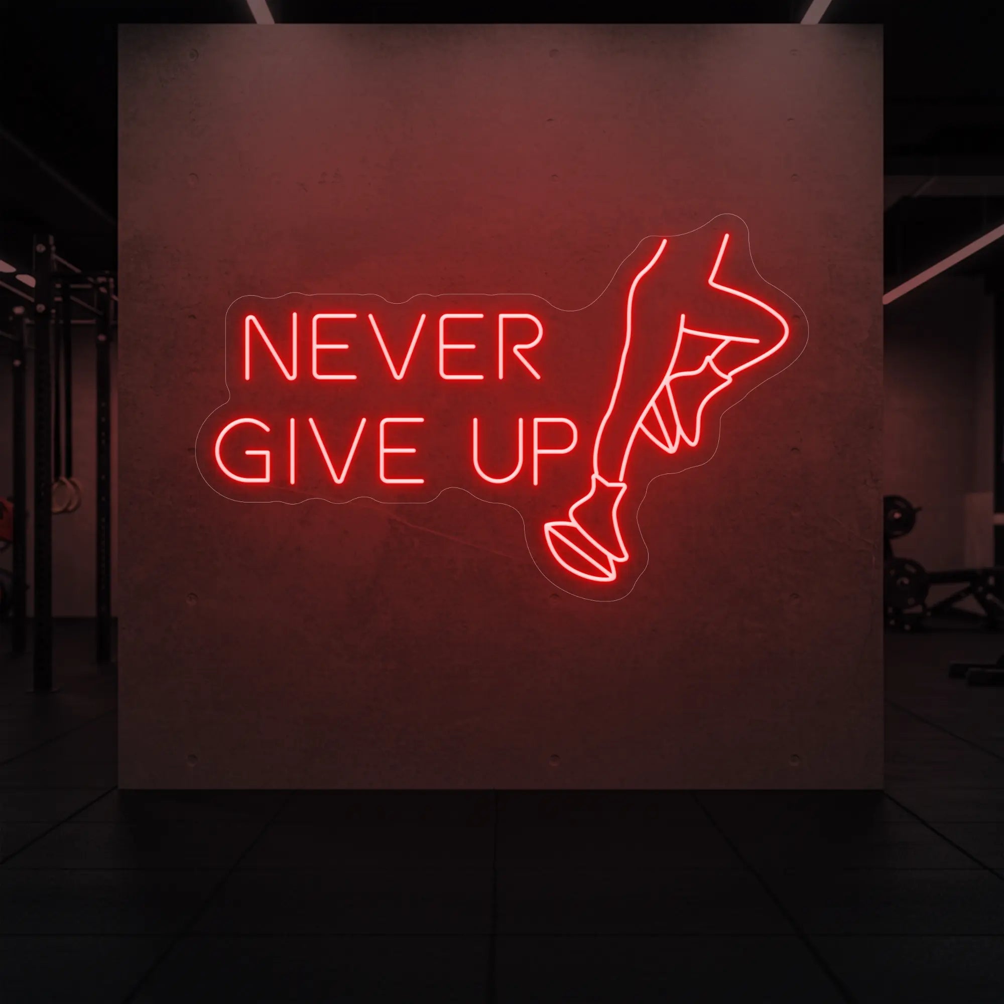 'NEVER GIVE UP' neon sign glowing in red against a styled interior wall.