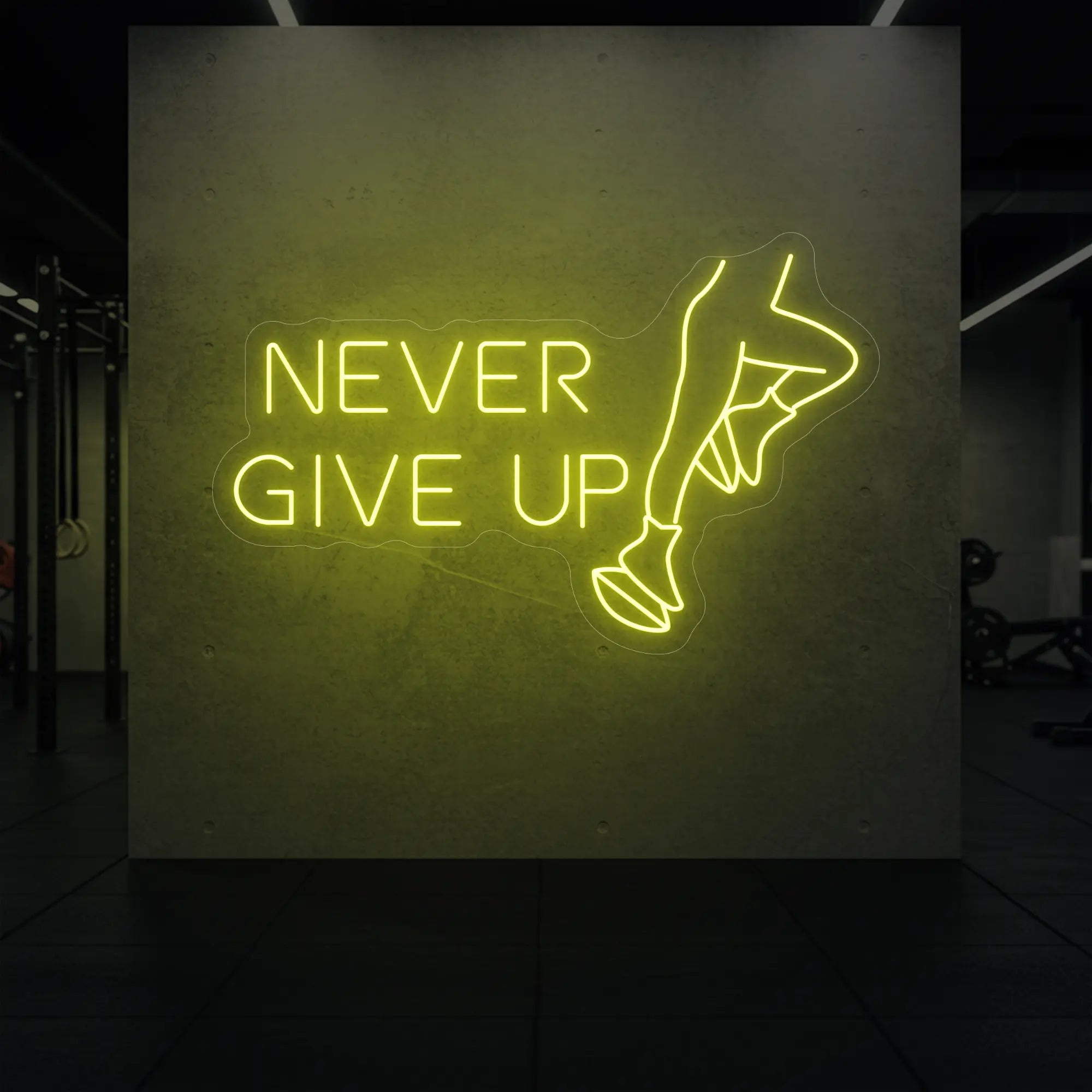  'NEVER GIVE UP' neon sign glowing in lemon yellow against a styled interior wall.