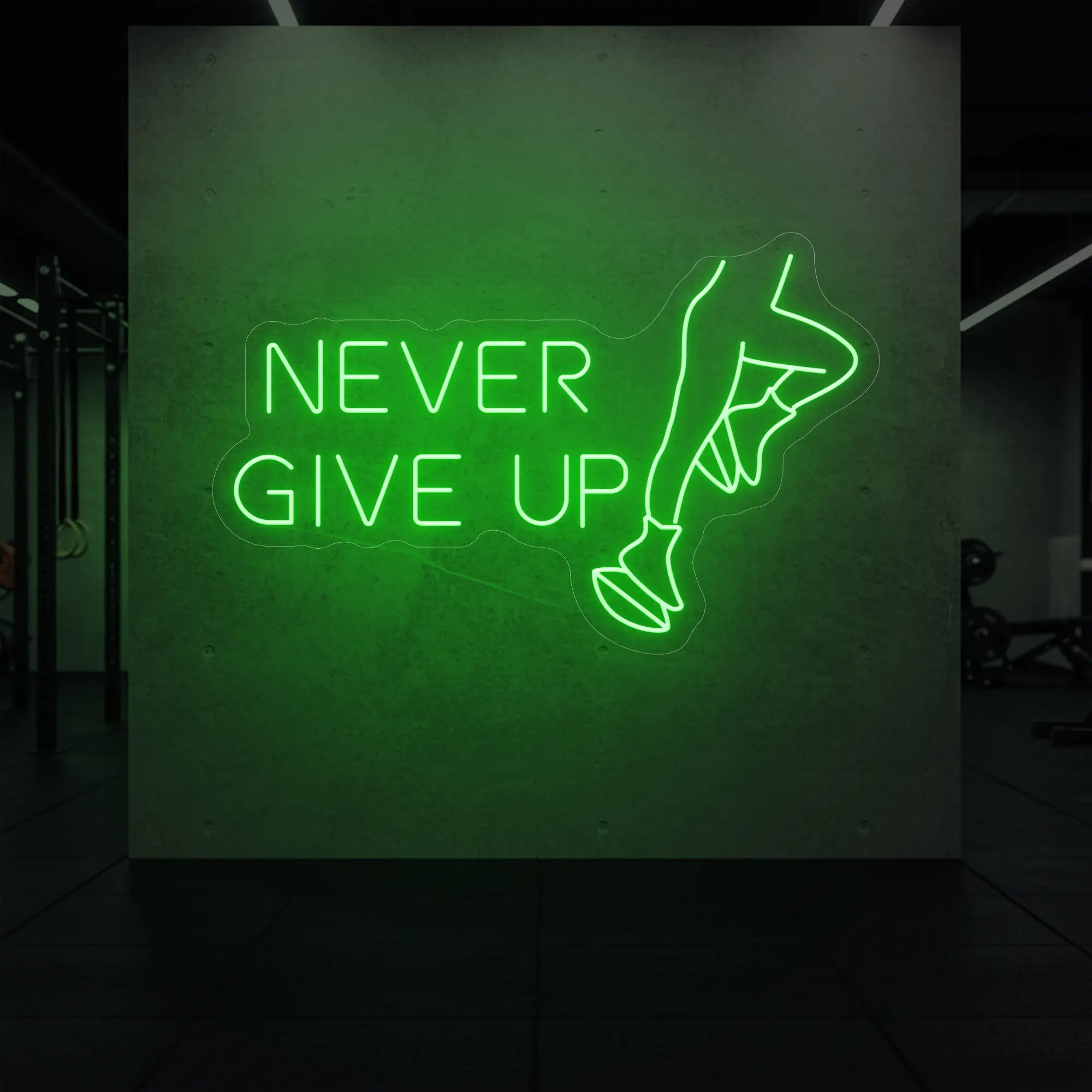 'NEVER GIVE UP' neon sign glowing in green against a styled interior wall.