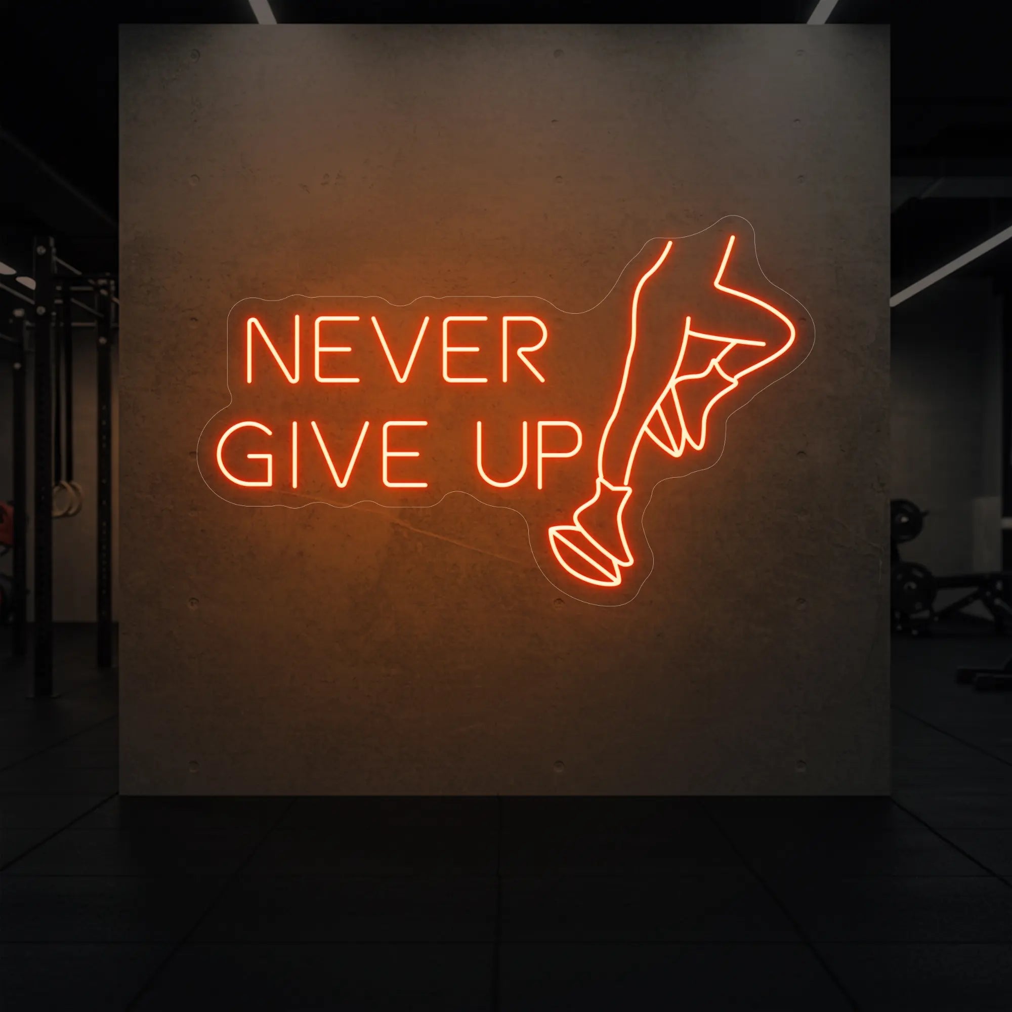  'NEVER GIVE UP' neon sign glowing in golden yellow against a styled interior wall.