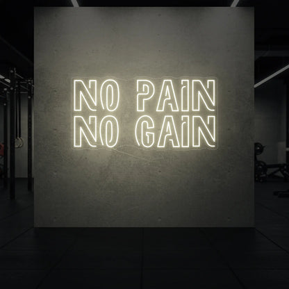  'NO PAIN NO GAIN' neon sign glowing in warm white against a styled interior wall.
